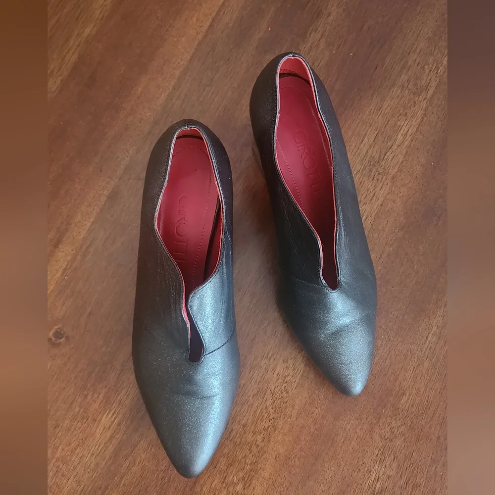 Girotti Block Heel Pointed Toe Black Leather Shoes‎ Sz 7.5